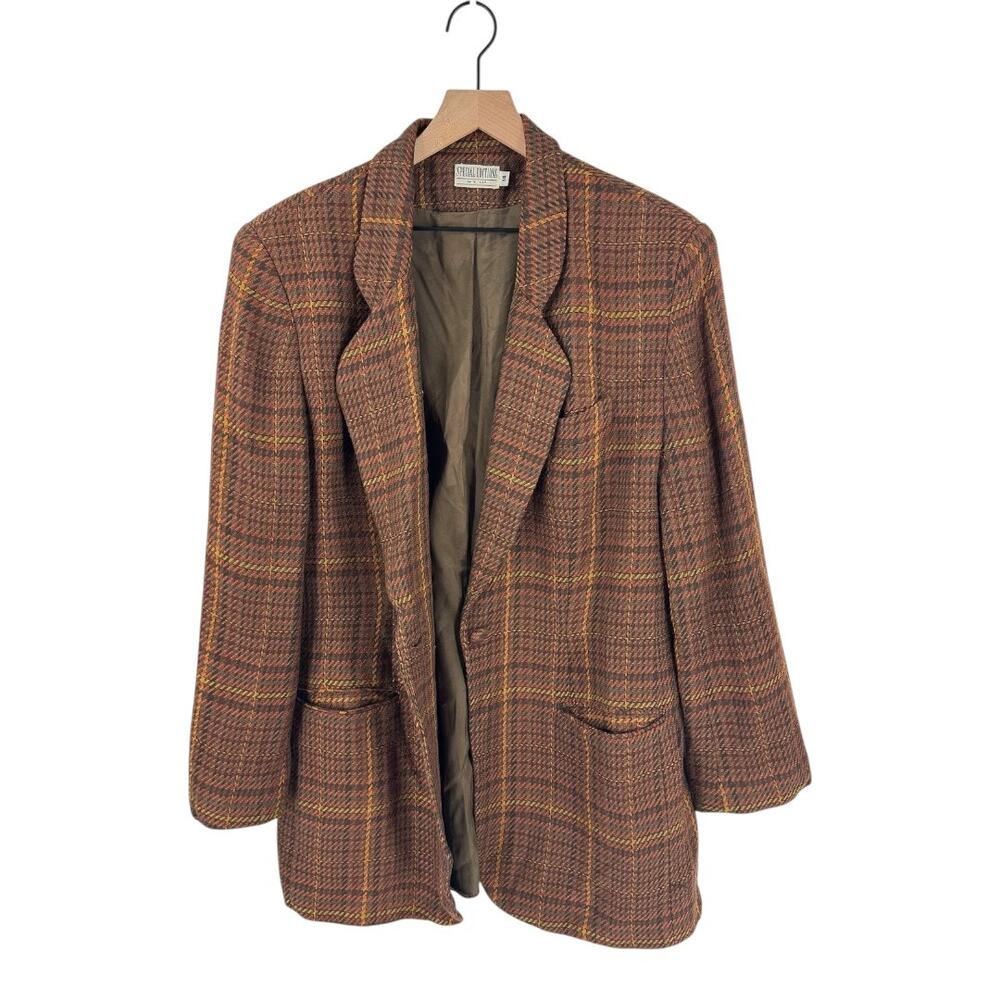 Vintage Special Editions Plaid‎ Wool Blend Blazer Brown Multi Lined Size 14